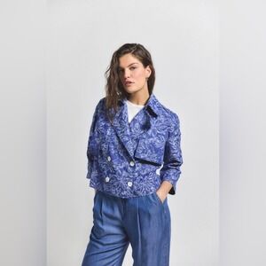 Derek Lam 10 Crosby Elijah Cropped Trench Jacket Blue Floral Denim NWOT